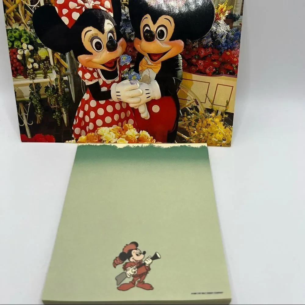 Vintage 1986 Disney Mickey Mouse Davy Crockett Notepad & Flower Market Postcard